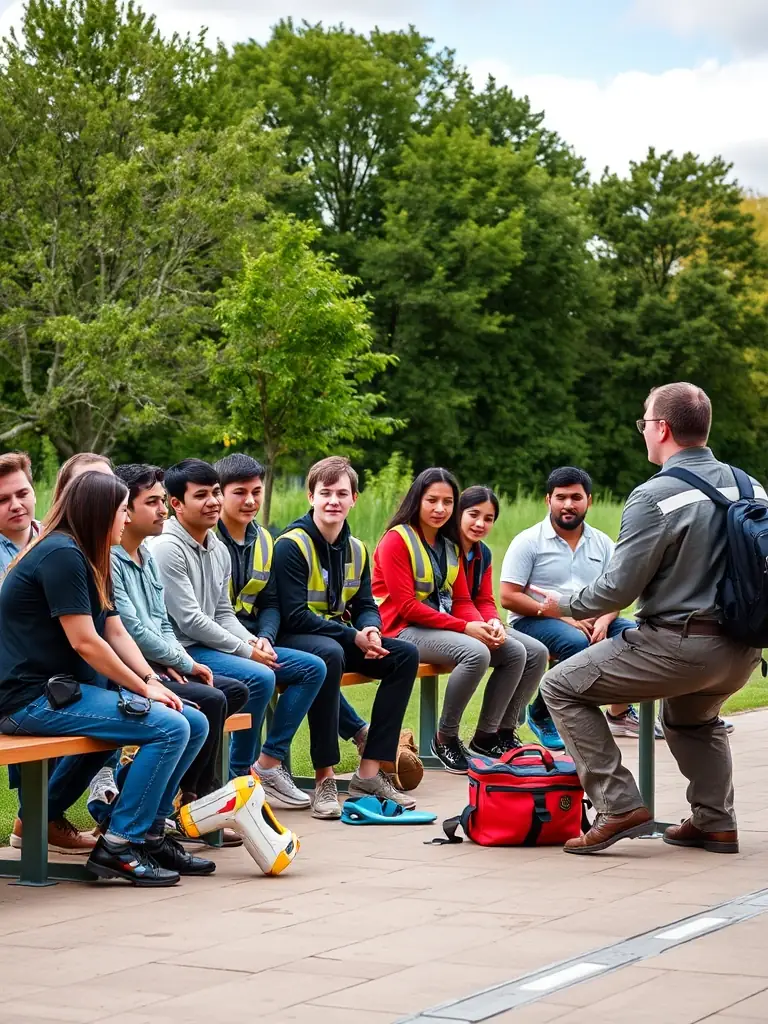 A diverse group of people attending a seminar on outdoor safety, learning about first aid, emergency preparedness, and responsible outdoor behavior.