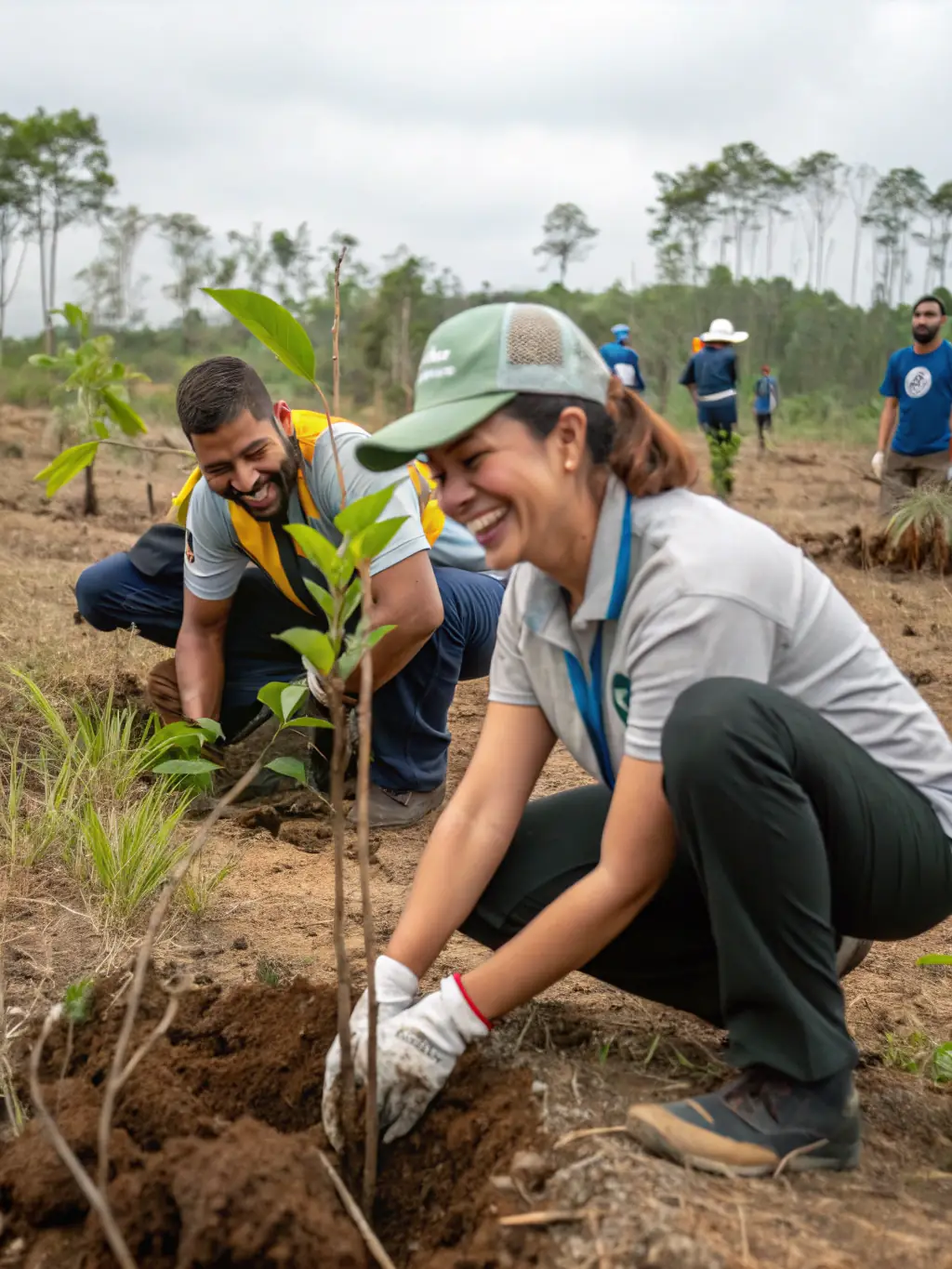 A photograph of participants planting trees in a reforestation project, highlighting the association's efforts to support environmental sustainability.