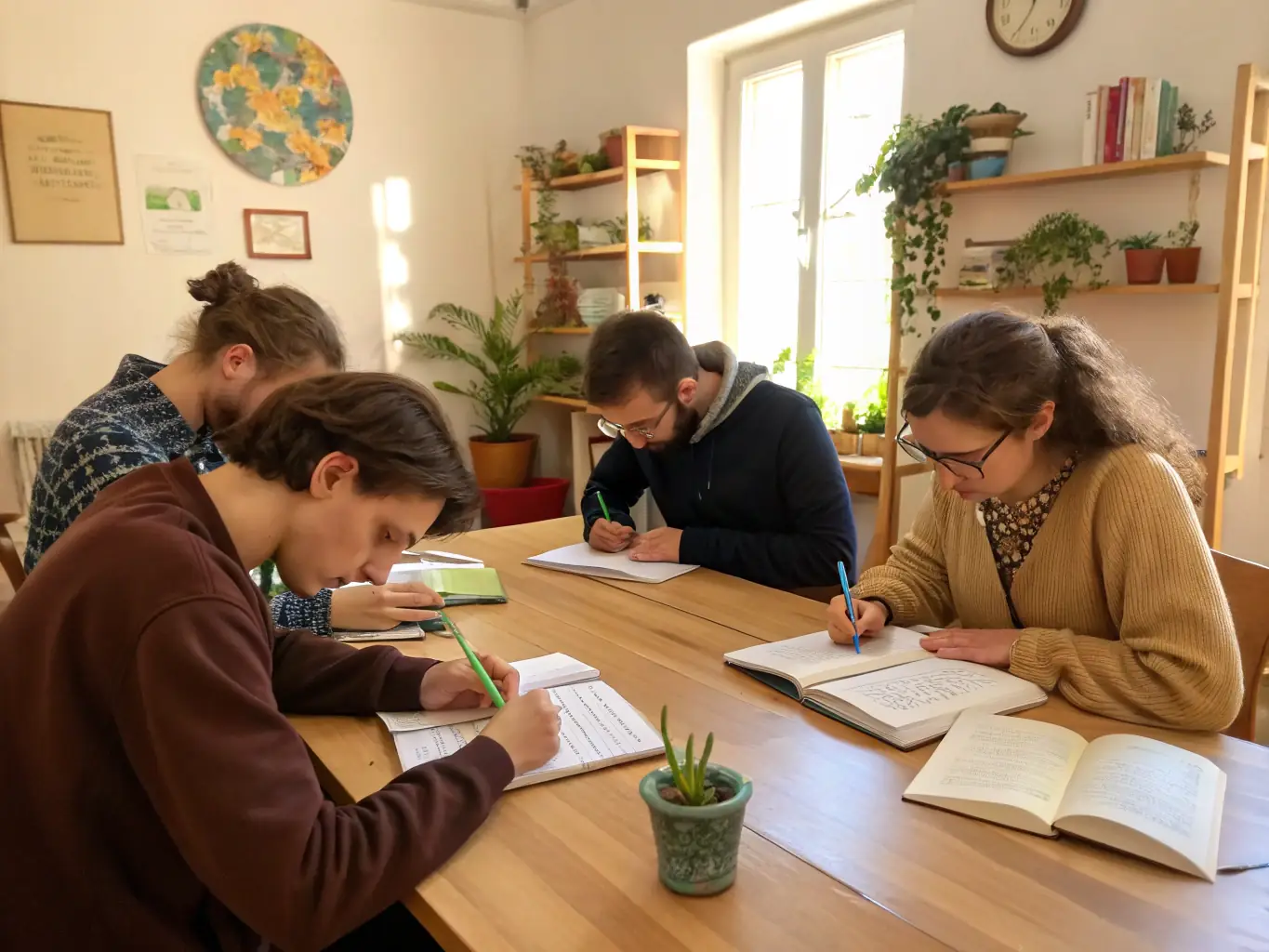 A group of people gathered around a table with books and notes, engaged in discussion, illustrating AMICALE LAIQUE DE MAROMME's reading and discussion groups.