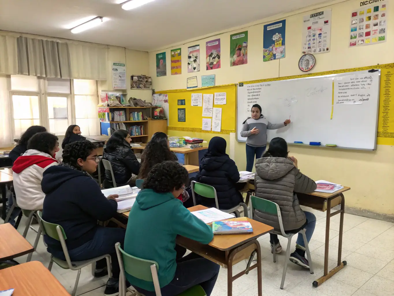 An image of adults participating in a classroom setting with books and a facilitator, representing AMICALE LAIQUE DE MAROMME's lifelong learning programs.