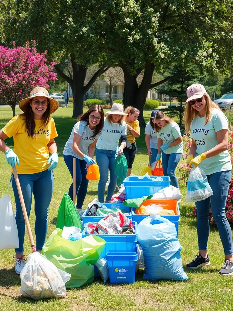 Volunteers cleaning up a local park as part of Challenge Vendée Orientation's environmental awareness initiative, demonstrating community involvement and environmental stewardship.