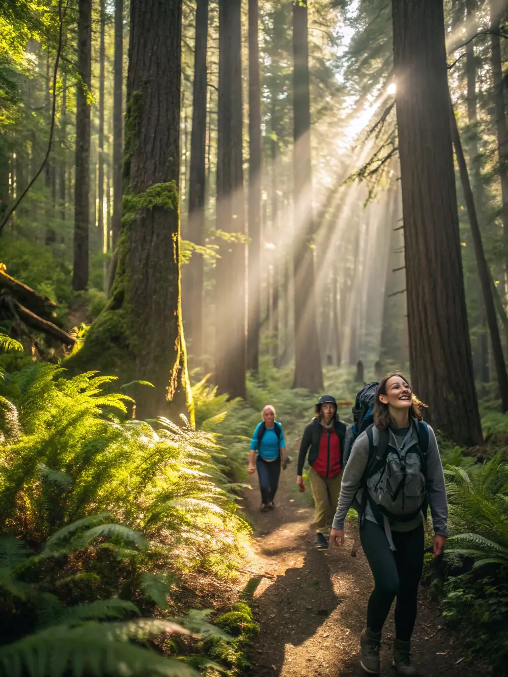 A dynamic image of participants of all ages competing in an orienteering event in a lush forest, using maps and compasses to navigate the course.