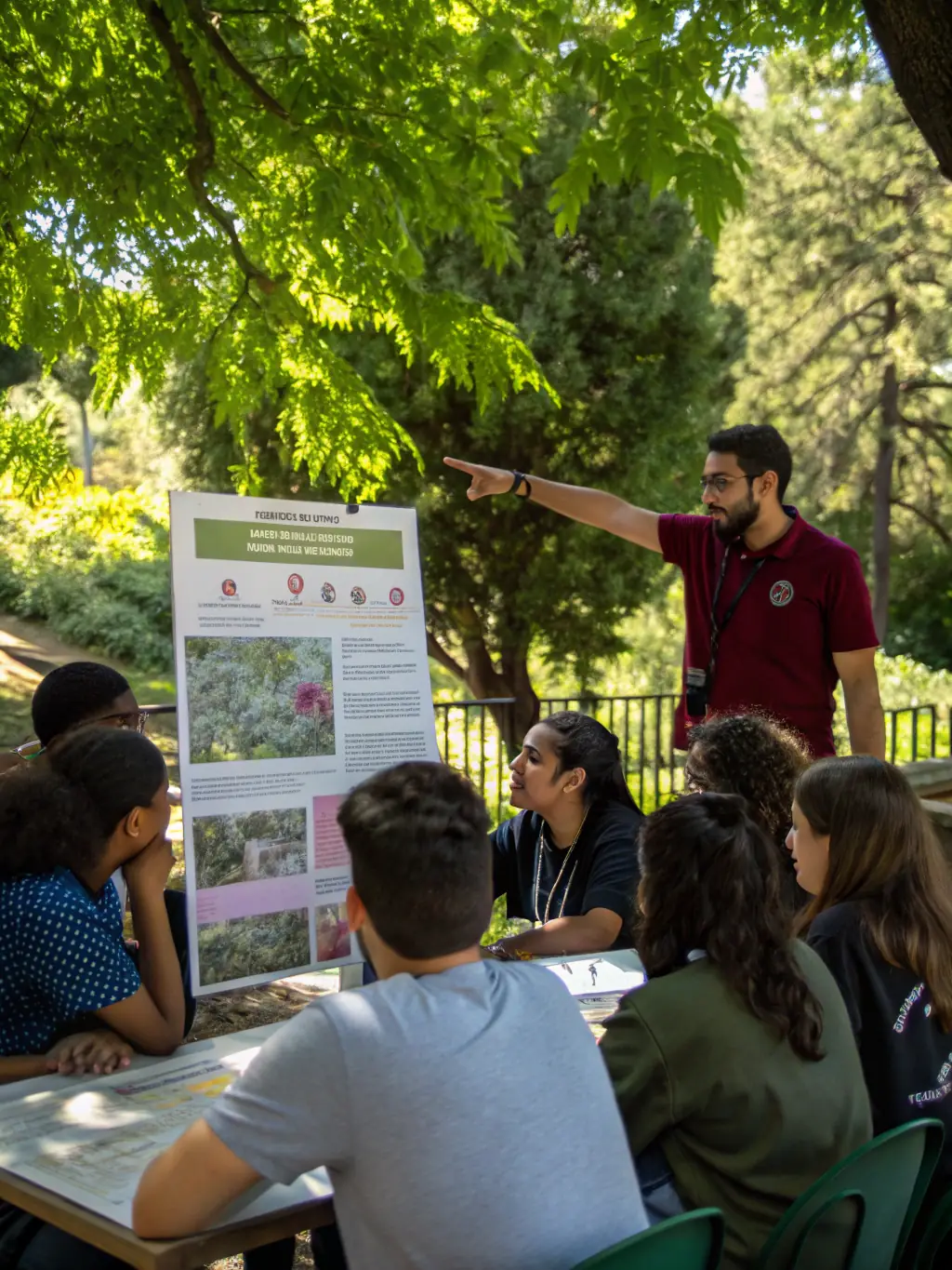 A photo of a group of children participating in an educational workshop, learning about map reading and compass skills in an outdoor setting.